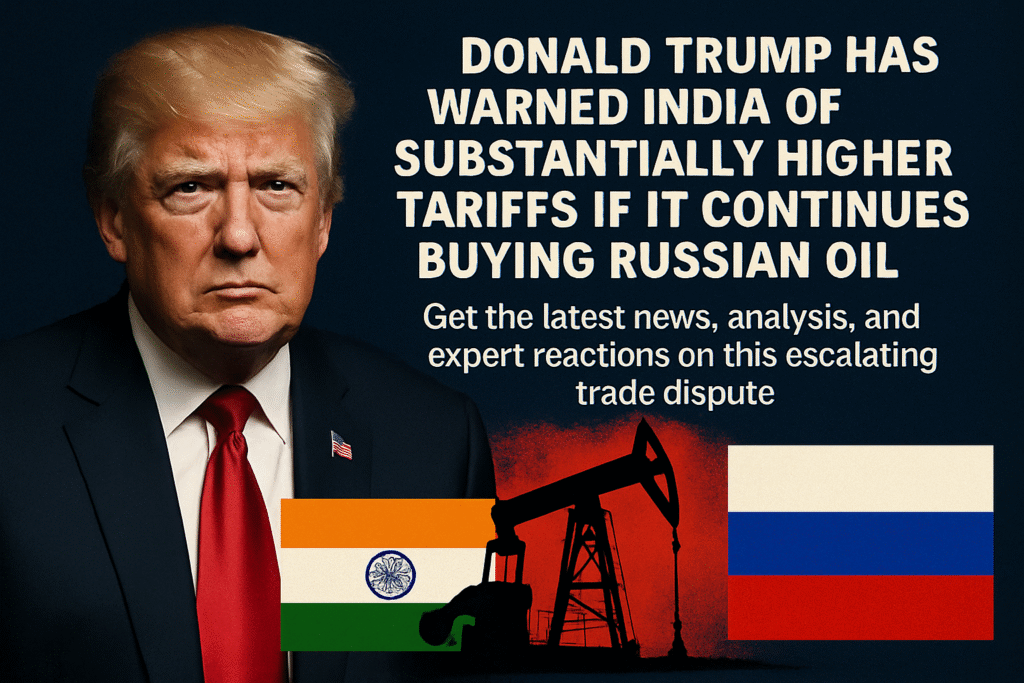 A digital news graphic featuring former President Donald Trump with a stern expression on the left side, dressed in a dark suit and red tie. On the right, a bold headline reads: “Donald Trump has warned India of substantially higher tariffs if it continues buying Russian oil.” Below it, a subheading invites viewers to get the latest news, analysis, and expert reactions. The background includes the flags of India and Russia flanking an oil pumpjack silhouette, symbolizing the oil trade dispute. The design uses contrasting dark and red tones to highlight the seriousness of the trade tension